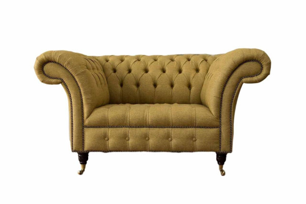 Sillón Chesterfield de diseño, sofá tapizado marrón en tela, mueble nuevo.