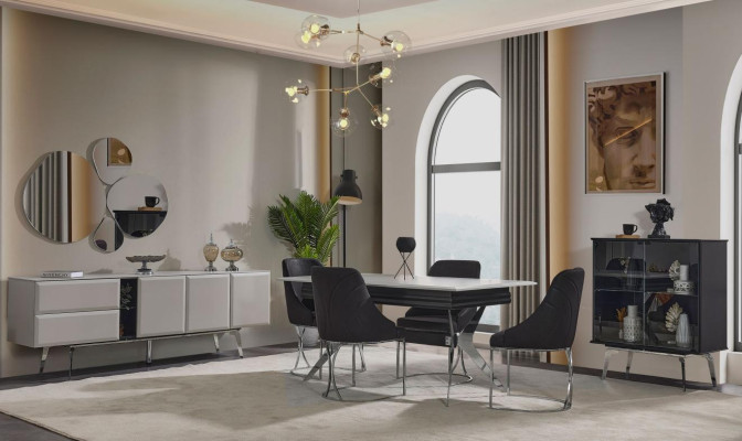 Comedor de lujo mesa de comedor gris negro 6 sillas aparador conjunto de comedor de 9 piezas.