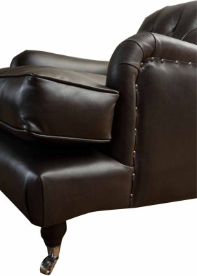 Sillón de diseñador de 1 plaza de cuero y tela marrón, sofá de lujo Chesterfield.