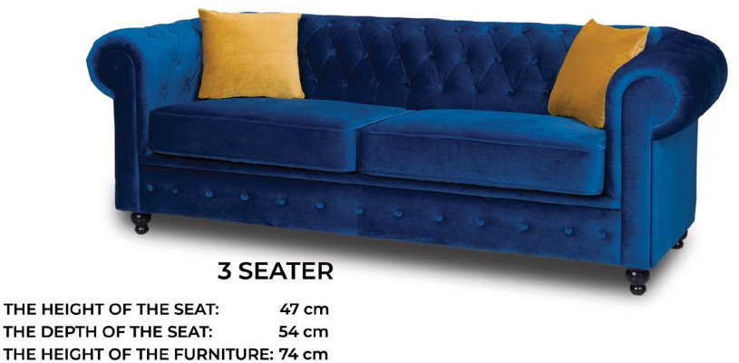 Sofás tapizados Sofás de 3 plazas Chesterfield Textil Sofá Azul Clásico Diseñador Nuevo