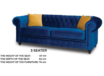 Sofás tapizados Sofás de 3 plazas Chesterfield Textil Sofá Azul Clásico Diseñador Nuevo