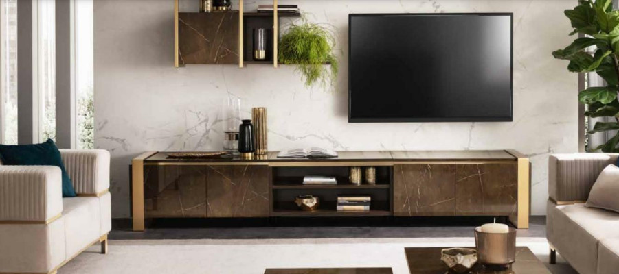 Mueble de lujo, mueble para TV, aparador de TV xxl, armario, mesa de sala de estar de madera nuevo.
