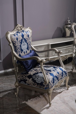 Lujo de una sola plaza, sillón tapizado, muebles azules con estampado de flores, sofá lounge barroco.