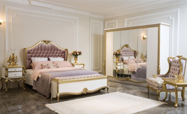 Diseño de marco de cama Chesterfield de lujo con tapizado rosa para dormitorio.