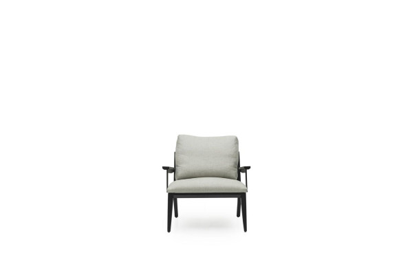 Sillón de lujo, sofá de una plaza, silla de relajación con marco negro y cojín.
