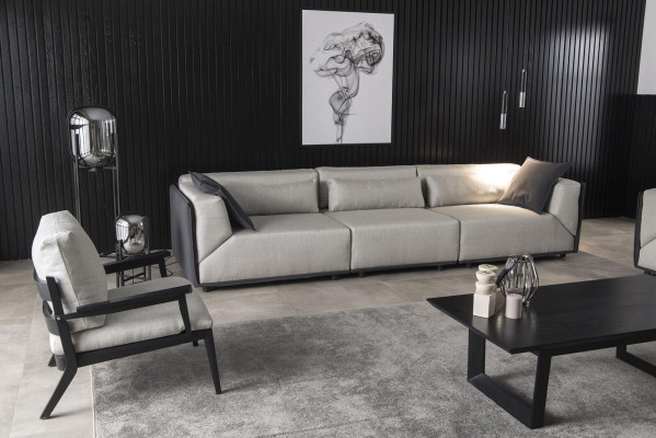 Sillón de lujo, sofá de una plaza, silla de relajación con marco negro y cojín.