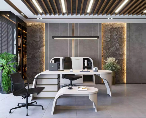 Conjunto de oficina blanco Juego de escritorio del jefe Mesa de centro ovalada Archivador Estantería 3 piezas.