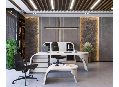 Conjunto de oficina blanco Juego de escritorio del jefe Mesa de centro ovalada Archivador Estantería 3 piezas.