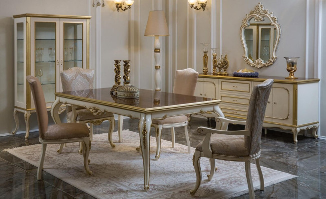 Diseño de comedor conjunto de 8 piezas: mesa de comedor, silla, cómoda, vitrina, espejo, mesas de madera.