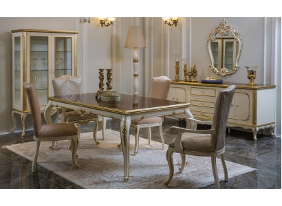Diseño de comedor conjunto de 8 piezas: mesa de comedor, silla, cómoda, vitrina, espejo, mesas de madera.
