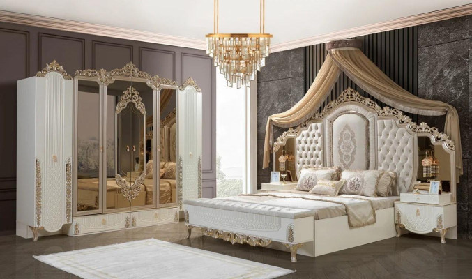 Dormitorio Set Cama 2x Mesitas de noche Taburete Lujo nuevo 5 piezas Diseño Madera