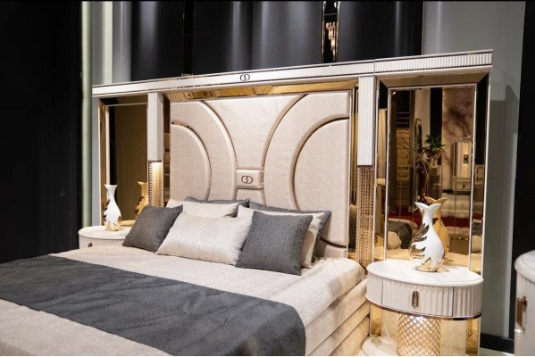 Conjunto de dormitorio Cama 2x Mesitas de noche Taburete Lujo nuevo 5 piezas Diseño madera