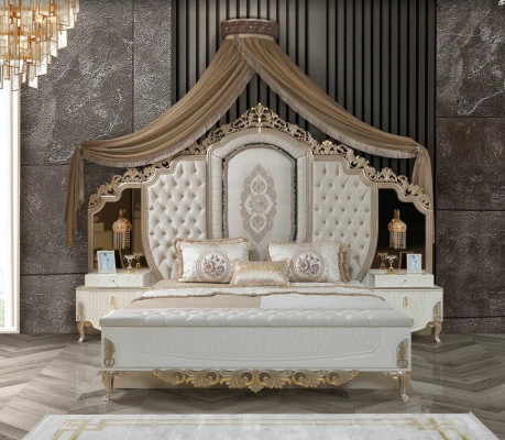 Juego de dormitorio Cama con banco 2 mesitas de noche de lujo nuevo juego de diseño de 4 piezas de madera