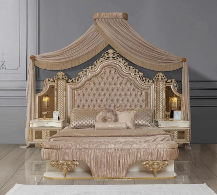 Dormitorio Set Cama 2x Mesitas de Noche Diseño Lujo nuevo 4 piezas Beige