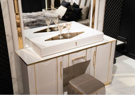 Set de dormitorio, tocador con espejo, taburete, diseño de lujo, nuevo, 2 piezas.