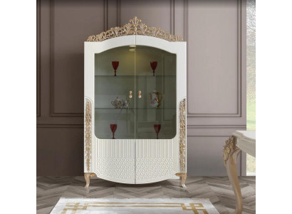 Estantería de pie para vitrinas, muebles de diseño moderno para salón en blanco de madera/cristal.