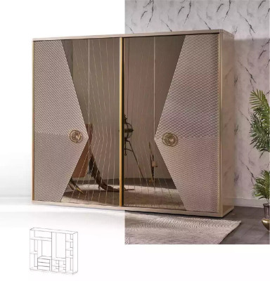 Armario beige de madera en el dormitorio de muebles de acero inoxidable.