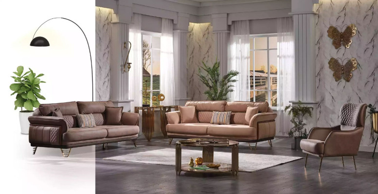 Sofá de lujo de tres plazas beige, sofá moderno para sala de estar de tres plazas.
