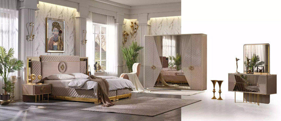 Cama de lujo 2x mesitas de noche Juego de camas Nueva Cama doble Conjunto de dormitorio de 3 piezas