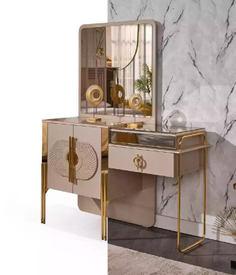 Mesa de maquillaje beige de madera, tocador de consola, mueble de dormitorio, tocador.