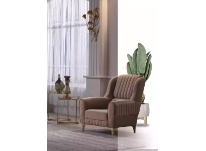 Sillón de tela marrón de lujo para sala de estar, de una plaza, con estructura de madera moderna.