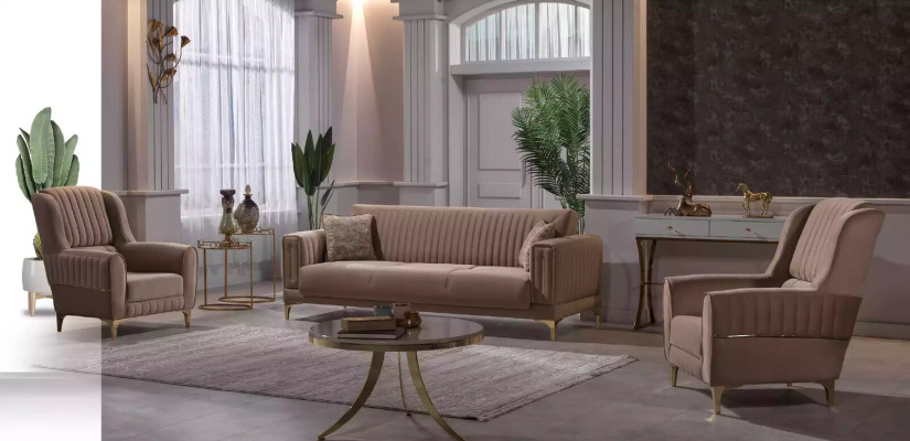 Sillón de tela marrón de lujo para sala de estar, de una plaza, con estructura de madera moderna.