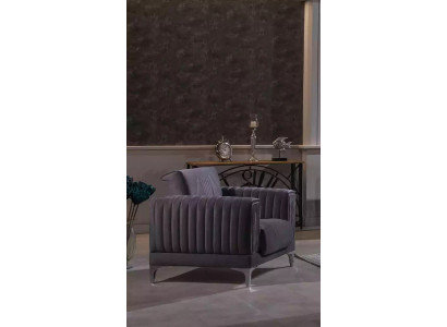 Sillón gris de una plaza tapizado para sala de estar, muebles de marco de madera y textil.