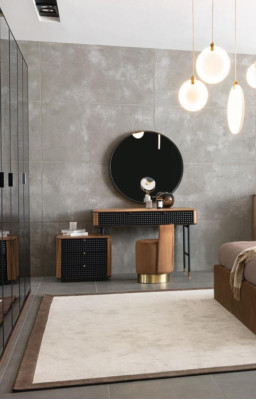 Dormitorio tocador espejo taburete conjunto completo Nuevo 3 piezas marrón.