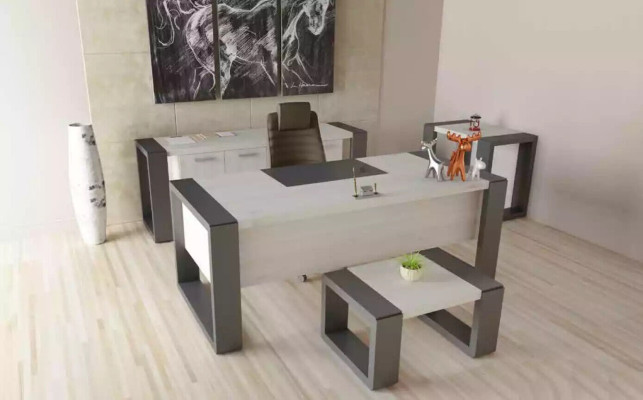 Mesa moderna de madera blanca, mesa de centro, muebles de lujo para oficina de diseño.