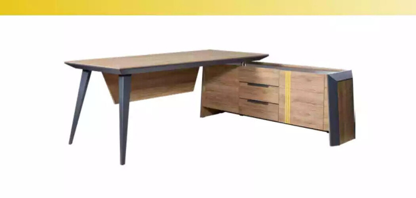 Escritorio de esquina, mesa de centro, aparador, muebles de oficina, diseño de sala de estudio.