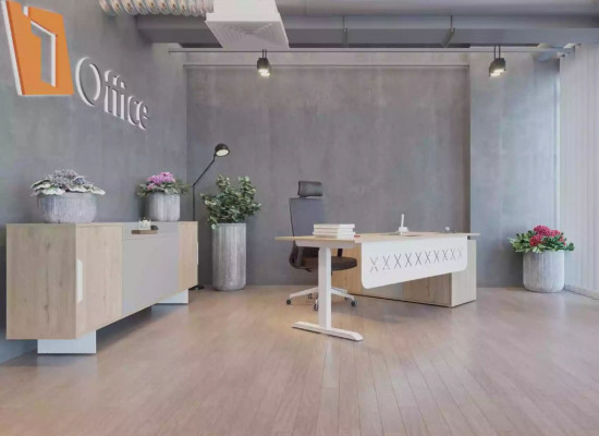 Escritorio de esquina del jefe, muebles de oficina, diseño de muebles de sala, mobiliario de consultorio, beige.