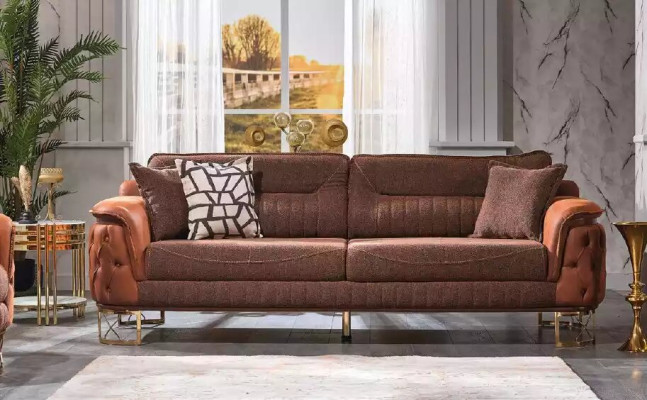 Sofá Chesterfield de lujo marrón de 3 plazas en cuero estilo moderno.
