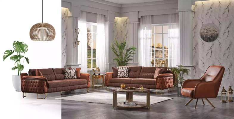 Sofá Chesterfield de lujo marrón de 3 plazas en cuero estilo moderno.
