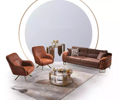 Sofá Chesterfield de lujo marrón de 3 plazas en cuero estilo moderno.