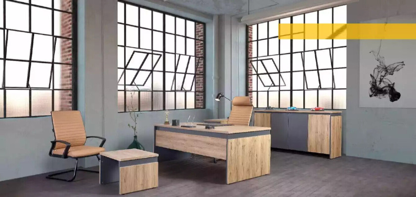 Estilo comoda de oficina elegante con cajones de madera.