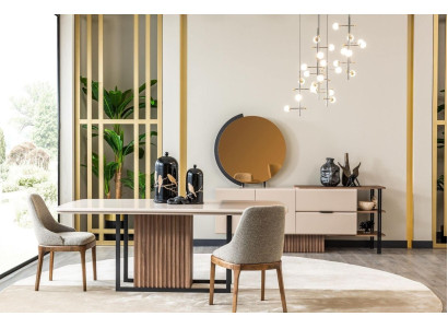 Mesa de comedor Conjunto de comedor completo de 9 piezas en beige, conjunto de esquina de comedor.
