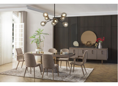 Mesa de comedor de lujo gris de madera de 9 piezas con conjunto de sillas.