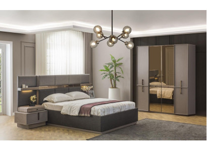 Cama doble dormitorio completo cama 4 piezas gris mesitas de noche armario