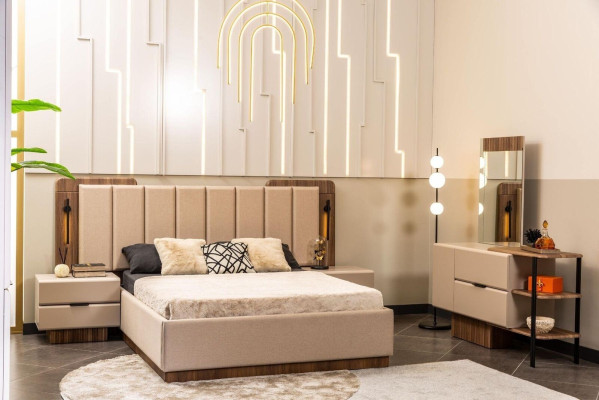 Dormitorio Set Cama de matrimonio Mesitas de noche Tela beige 4 piezas Maquillaje