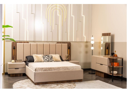 Dormitorio Set Cama de matrimonio Mesitas de noche Tela beige 4 piezas Maquillaje