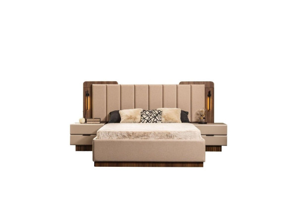 Dormitorio Set Cama de matrimonio Mesitas de noche Tela beige 4 piezas Maquillaje
