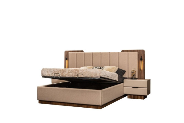 Habitación completa cama doble cama mesitas de noche tela beige 3 piezas