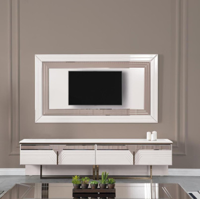 Mueble de televisión, soporte de TV, panel de pared, mueble bajo RTV blanco de madera, cómoda moderna.