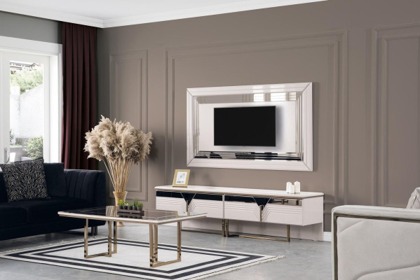 Mueble de televisión, soporte de TV, panel de pared, mueble bajo RTV blanco de madera, cómoda moderna.