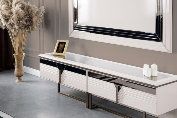 Mueble de televisión, soporte de TV, panel de pared, mueble bajo RTV blanco de madera, cómoda moderna.