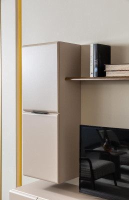 Mueble de pared para TV, soporte de TV, armario de pared, mesa de TV, color beige, estante de madera.