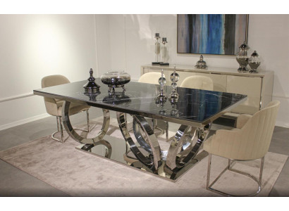 Mobiliario moderno de lujo, mesa de comedor nueva, 4 sillas, buffet de diseño.