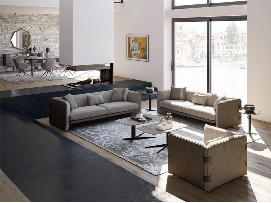 Conjunto de sala de estar gris moderno de 7 piezas con 2 sofás de tres plazas, mobiliario tapizado y sillón nuevo