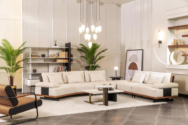 Conjunto de sofá esquinero en forma de L, sillón, sofá de tela, mesas de centro, sofá tapizado, beige.