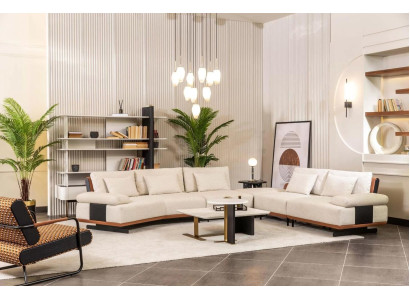 Conjunto de sofá esquinero en forma de L, sillón, sofá de tela, mesas de centro, sofá tapizado, beige.